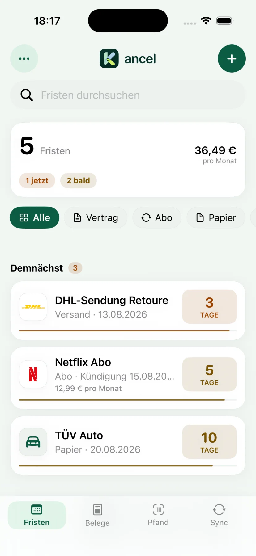 Kancel Fristenübersicht mit DHL Retoure, Netflix Abo und TÜV Termin