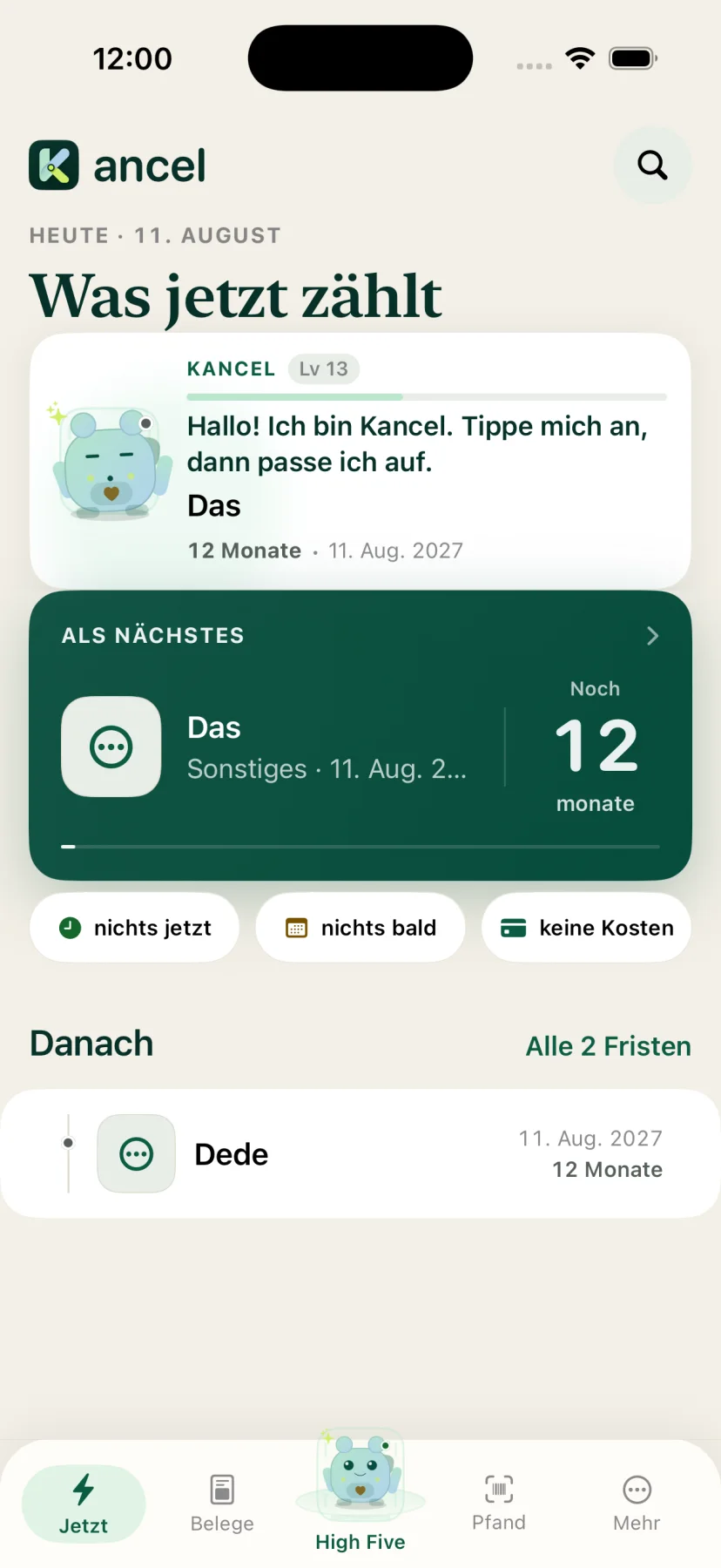 Kancel Startansicht mit persönlichem Begleiter und nächster Frist